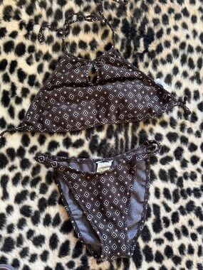 Vintage 90’s RAMPAGE Brown Geo Print Two-Piece Bikini Set HIGH CUT